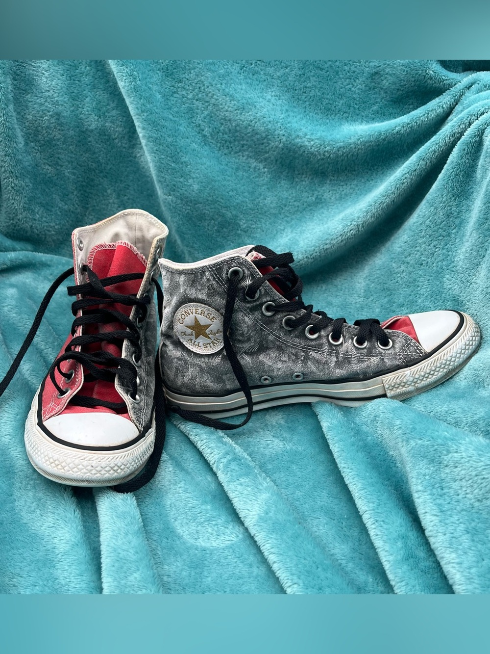 Converse High-Top Sneakers in Black, Red & White